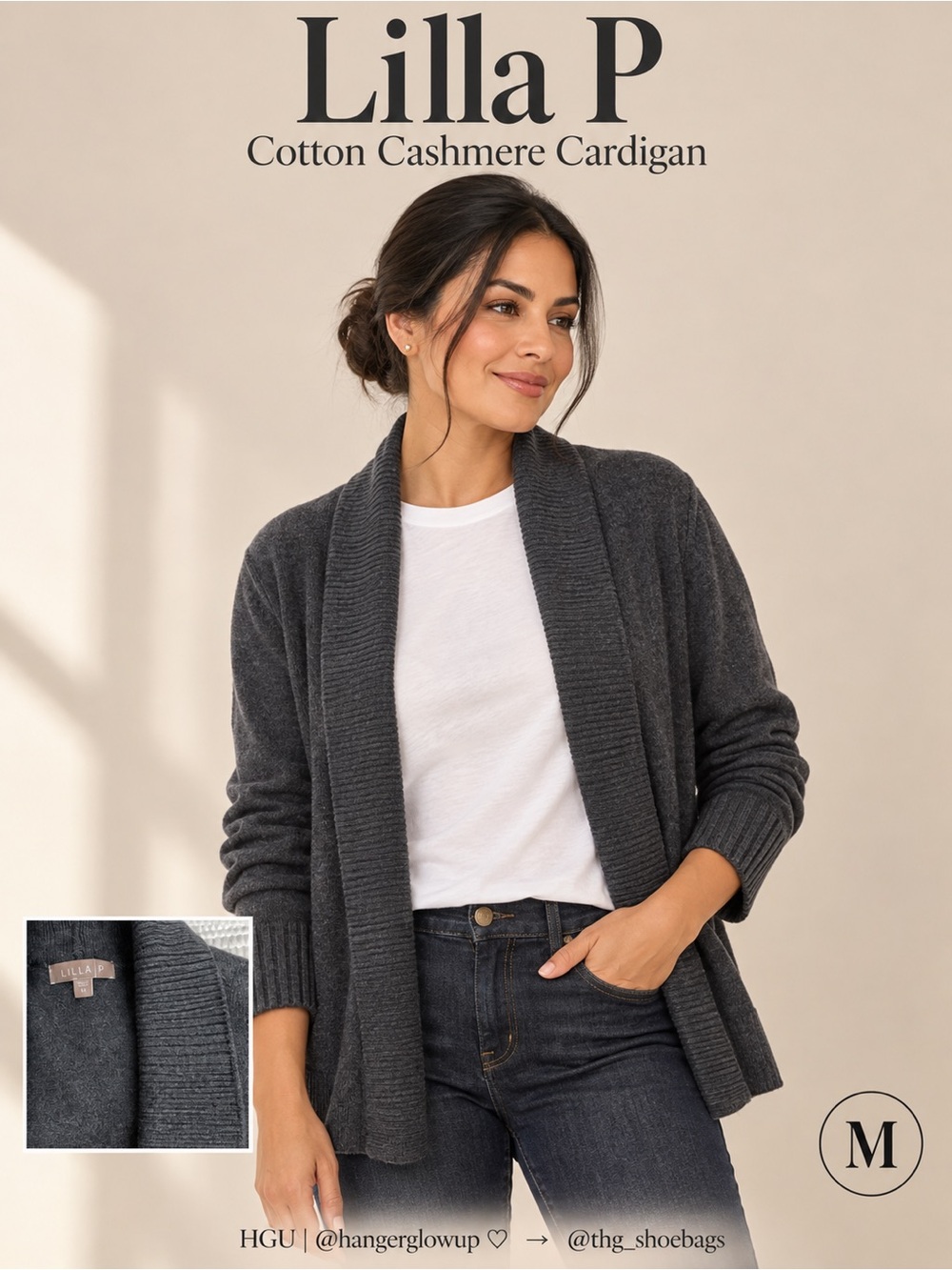 Lilla P Cotton Cashmere Shawl Collar Cardigan Charcoal Gray M